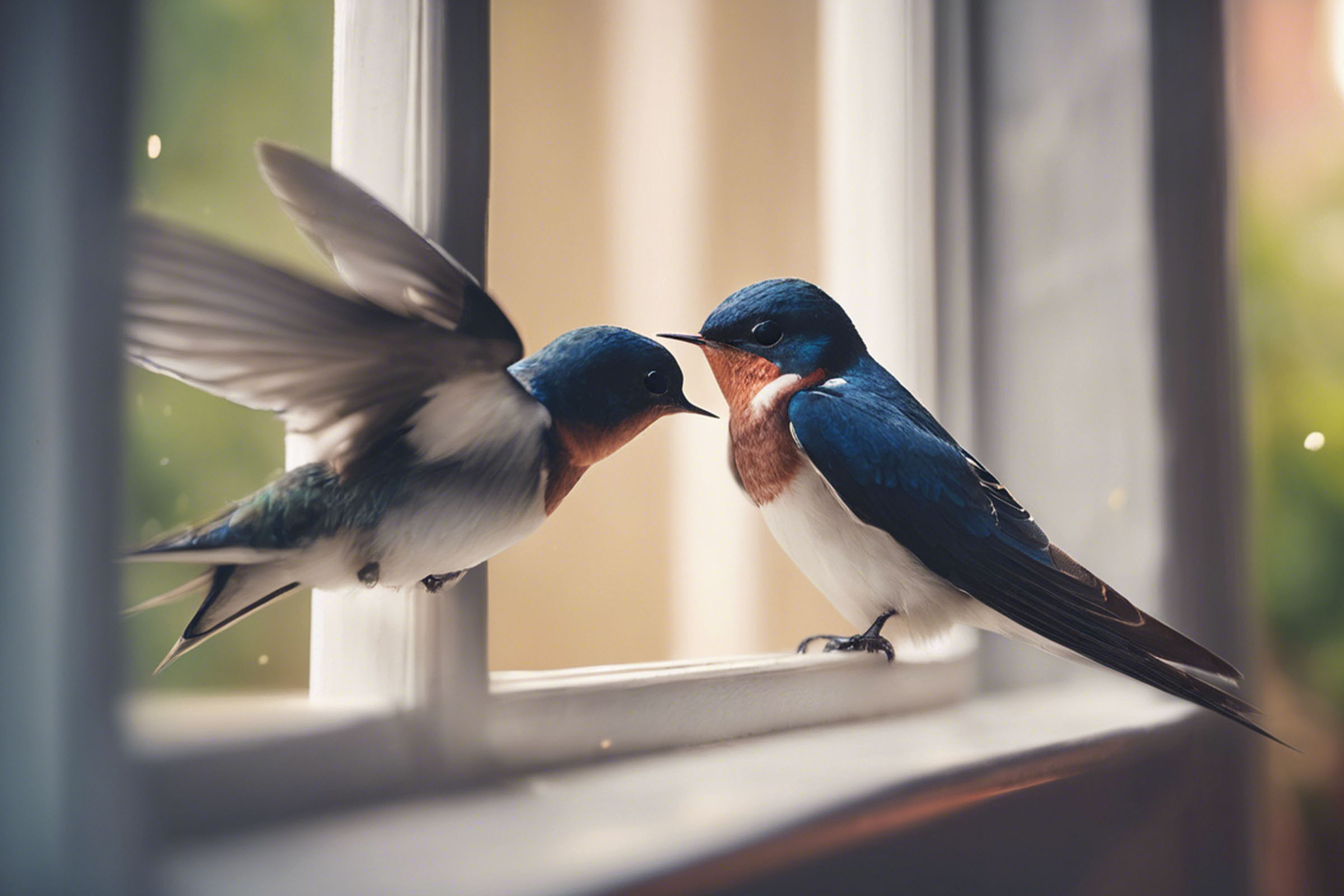 2 hirondelles sur une fenêtre avec un nichoir Sto