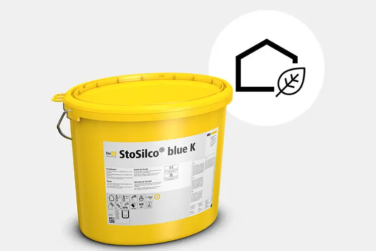 Système ITE Durable StoTherm AimS® : Enduit de finition sans film de protection biocide dans seau jaune StoSilco Blue