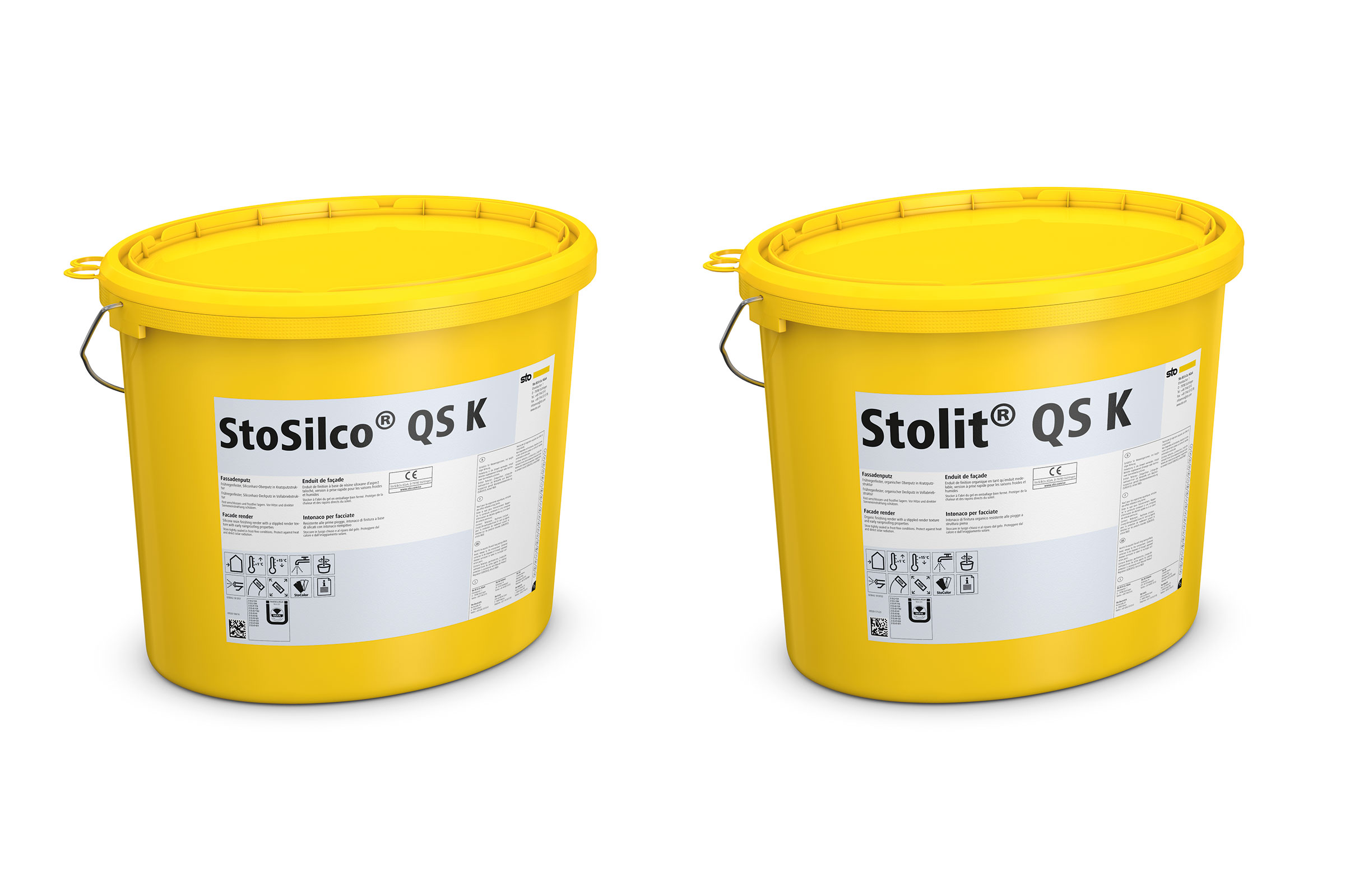 Collage : deux seaux jaunes Sto avec enduits de finition StoSilco® QS et Stolit®